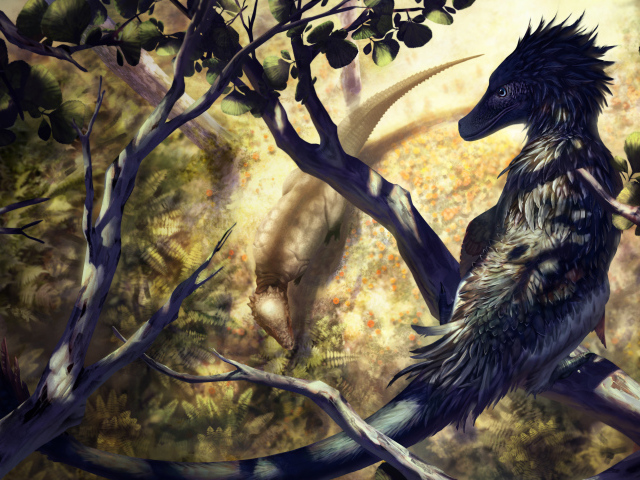 Фантастический дракон сидит на ветке 