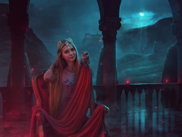 Фантастическая девушка с серым котенком на плече