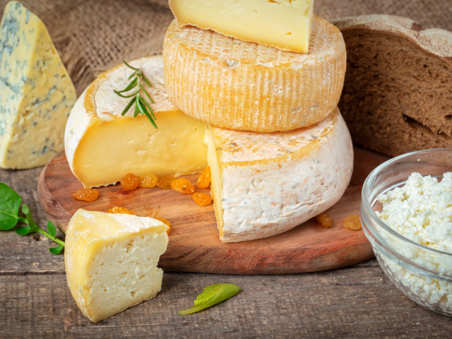 Сыр с плесенью на столе с хлебом и творогом