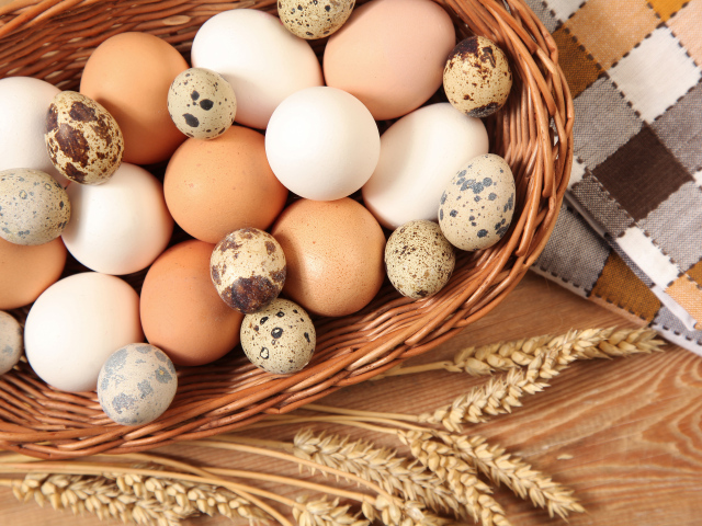Куриные и перепелиные яйца в корзине на столе с колосками