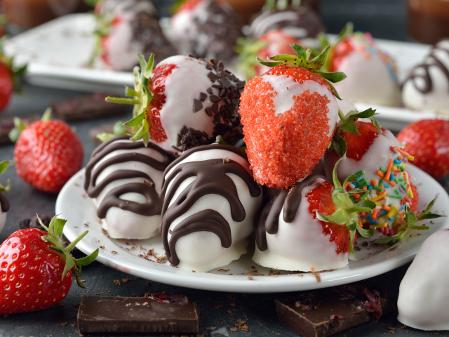 Клубника в шоколаде и сахаре на белой тарелке