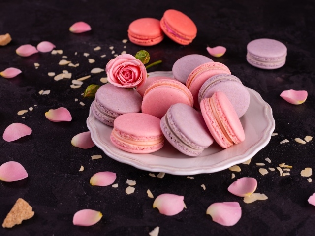 Десерт макарон на тарелке на сером столе с розовой розой