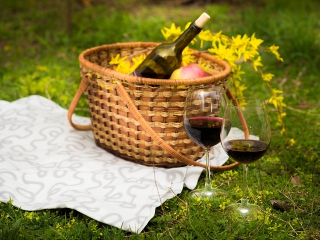 Два бокала вина с корзиной на зеленой траве для пикника 