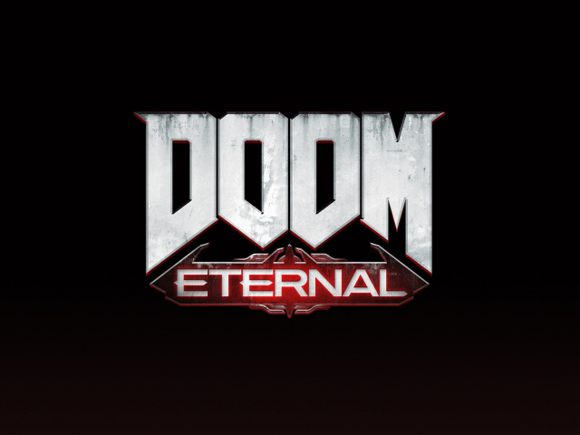 Логотип новой компьютерной игры DOOM Eternal на черном фоне