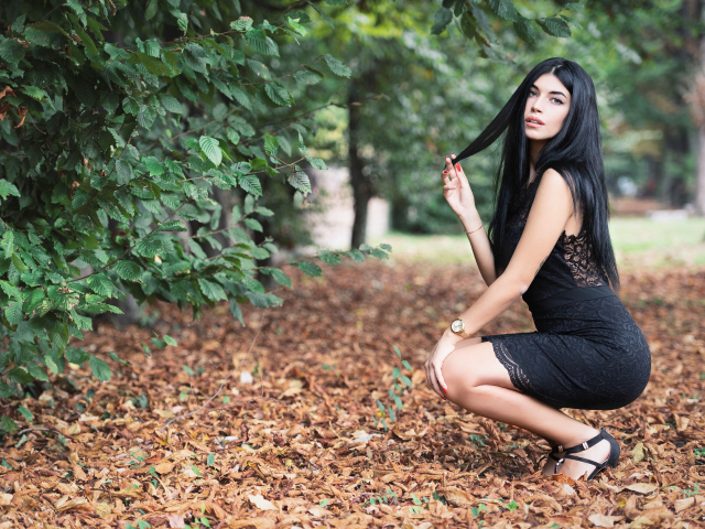 Красивая брюнетка в черном платье в парке осенью 
