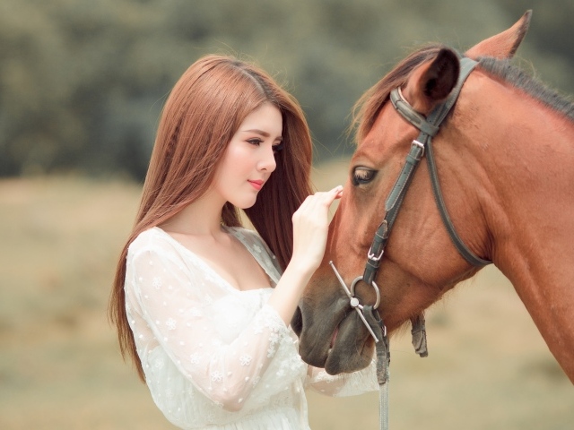 Красивая длинноволосая азиатка гладит лошадь