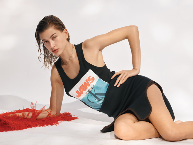 Модель Хейли Болдуин в платье на сером фоне