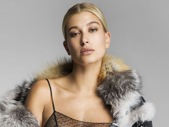 Модель Хейли Болдуин на сером фоне