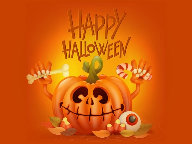 Тыква на оранжевом фоне с надписью Счастливого Хэллоуина