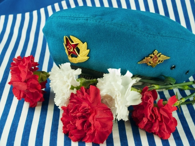 Букет гвоздик, берет ВДВ и тельняшка на 9 мая 