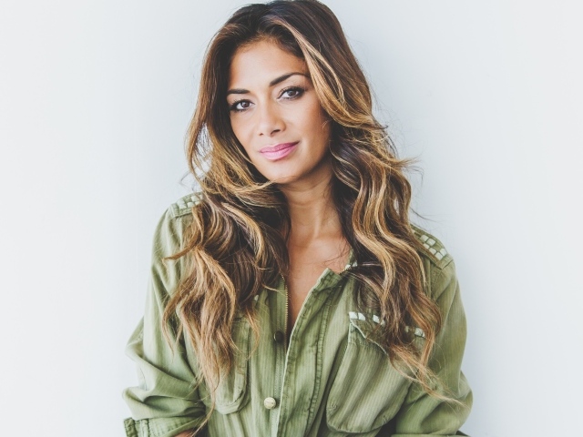 Красивая длинноволосая девушка, певица Николь Шерзингер на сером фоне