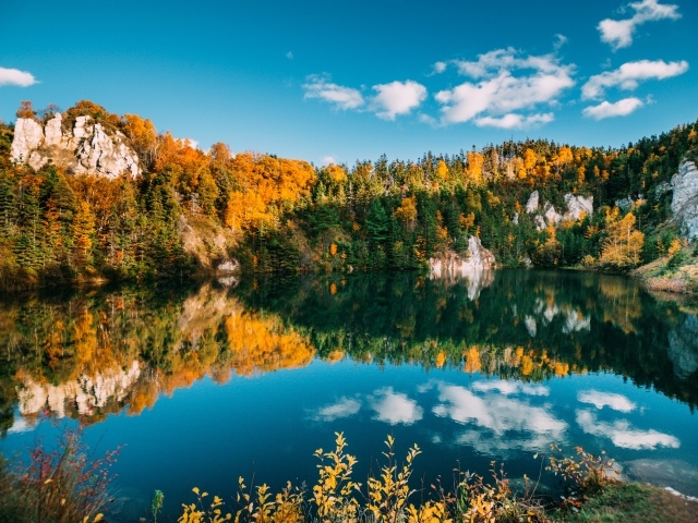 Голубое небо и лес отражаются в воде чистого горного озера