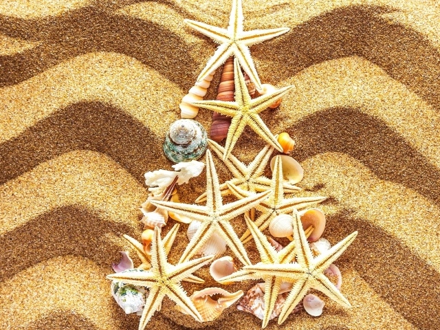 Елка из морских звезд на разноцветном песке 