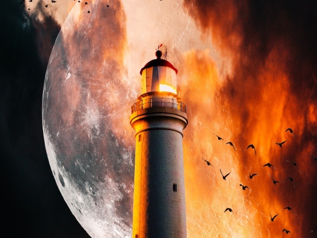 Маяк на фоне огромной луны