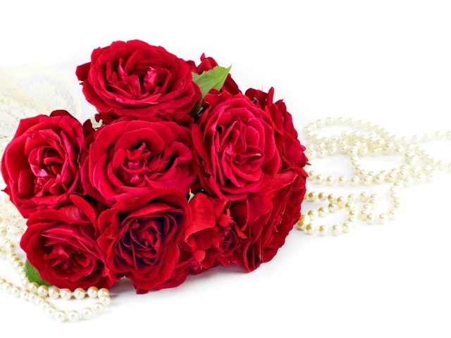 Красивый букет красных роз с бусами на белом фоне