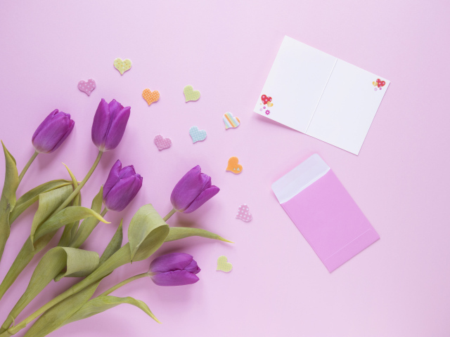 Букет фиолетовых тюльпанов на розовом фоне шаблон для открытки