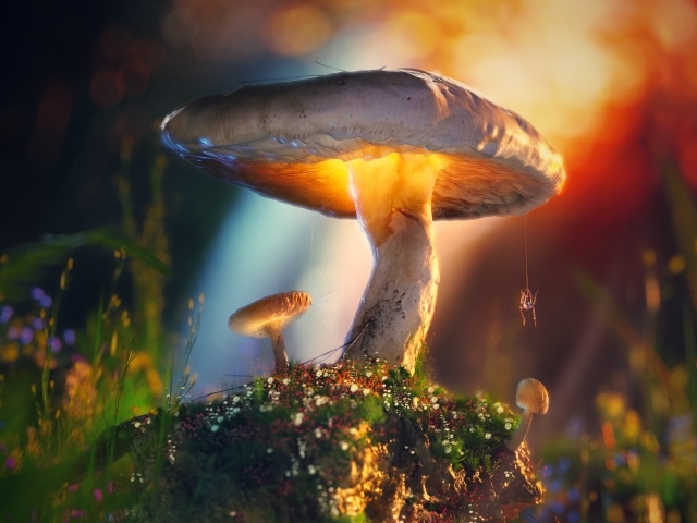 Паук висит на паутине на грибе