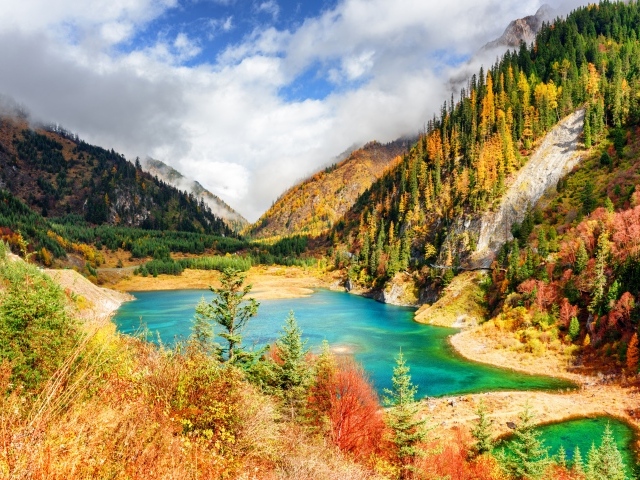 Красивые покрытые деревьями горы с озером осенью