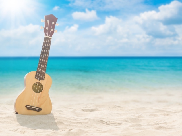 Гитара на белом песке у моря летом
