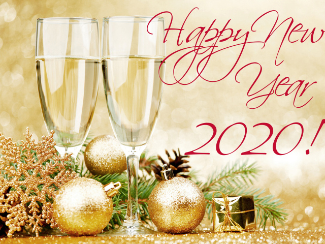 Два бокала шампанского и елочные шары, открытка на новый год 2020 