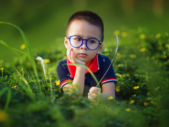 Маленький мальчик в очках лежит на зеленой траве