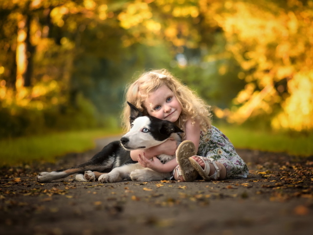 Маленькая милая девочка обнимает на дороге собаку