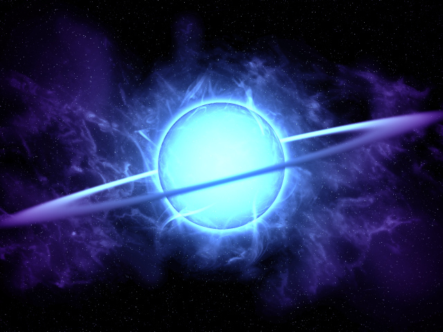 Голубая неоновая планета с кольцом в темном небе