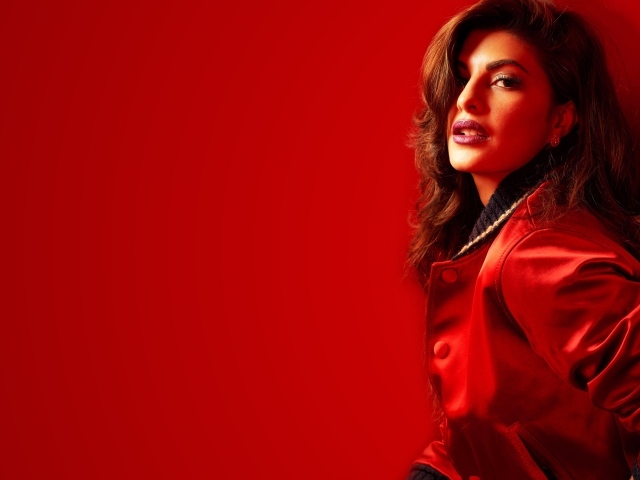 Актриса Жаклин Фернандес на красном фоне