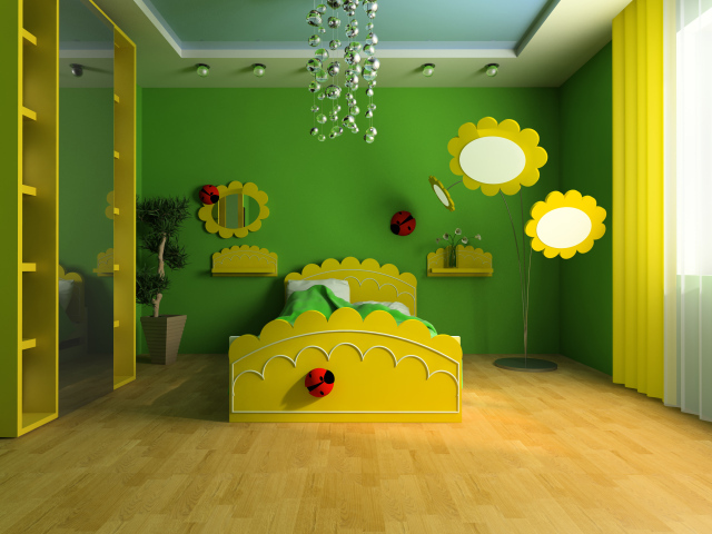 Красивая детская комната в зелено - желтом цвете интерьера