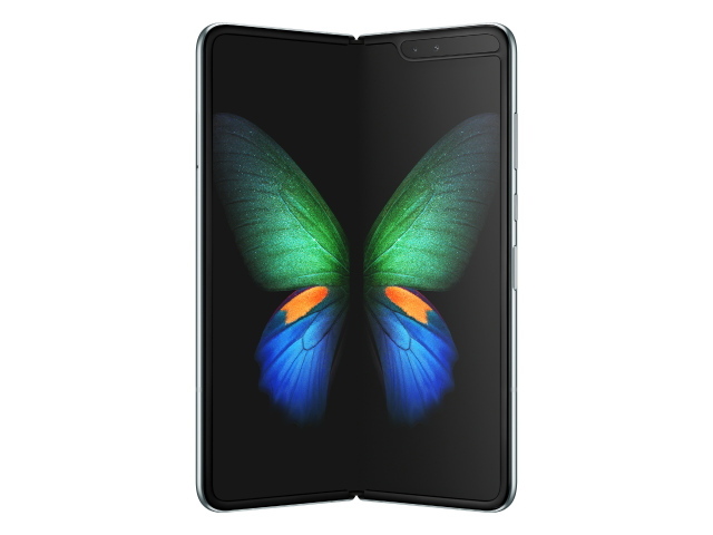 Гнущийся смартфон Samsung Galaxy Fold 2019 года на белом фоне