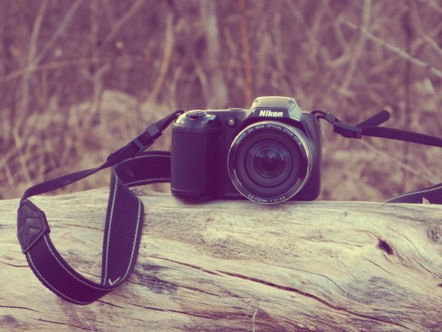 Фотоаппарат Nikon лежит на сухом дереве