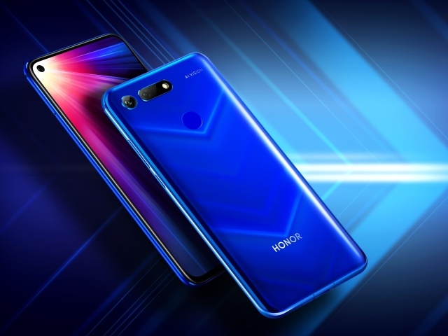 Стильные смартфоны Honor View 20 на синем неоновом фоне