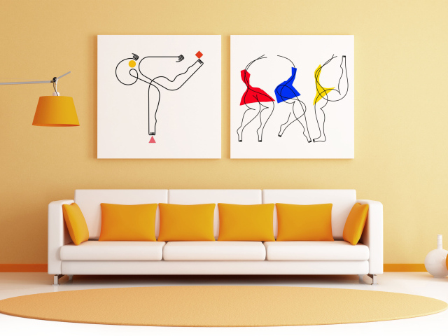 Необычные картины на стене в комнате с диваном 