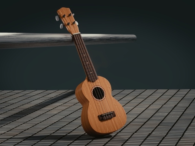 Гитара 3д стоит на серой поверхности 