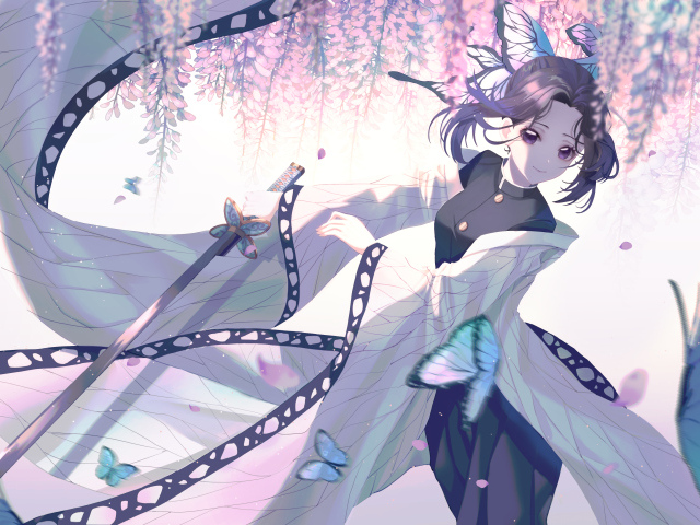 Красивая девушка азиатка с мечом и голубыми бабочками