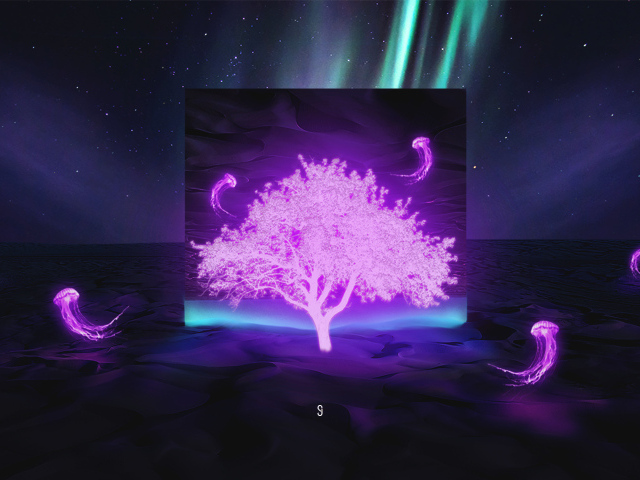 Неоновое дерево в пустыне на фоне неба с северным сиянием