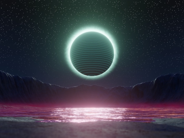 Сфера в ярком свечении в звездном небе над озером