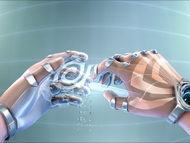 Две руки робота на сером фоне, 3д графика 