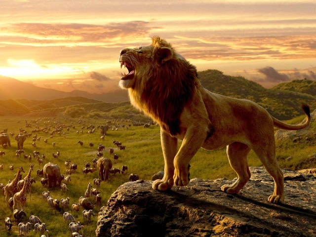 Большой грозный лев на скале 