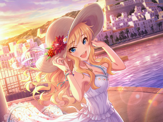 Красивая девушка аниме в шляпке у реки 