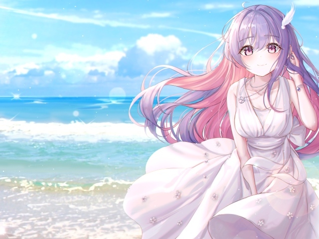 Длинноволосая девушка аниме с белом платье у моря