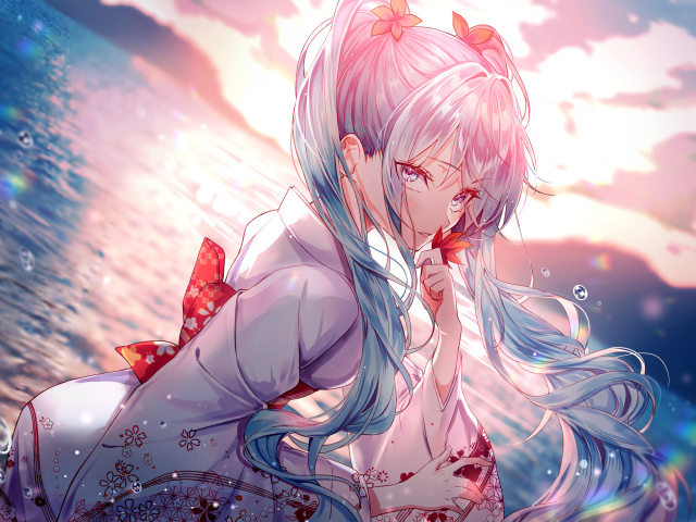 Девушка аниме Мику Хацунэ с длинными голубыми волосами