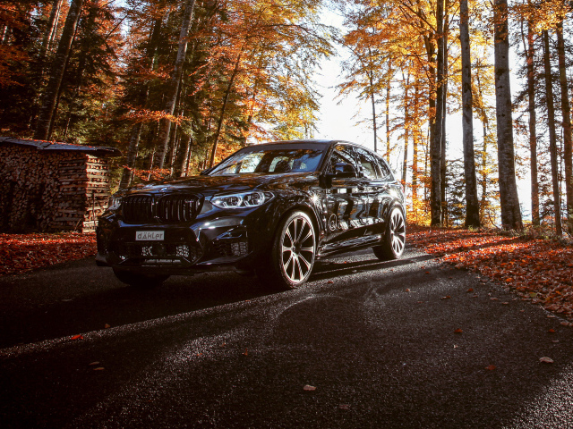 Черный автомобиль BMW X3 M Competition Line 2019 года в осеннем лесу