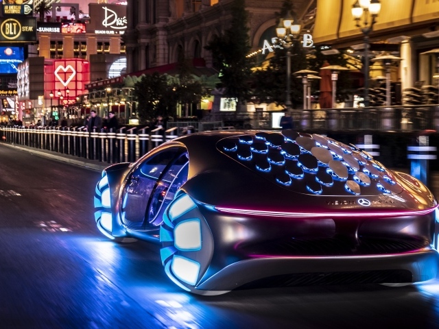 Автомобиль  Mercedes-Benz VISION AVTR, 2020 года с неоновой подсветкой на улице 