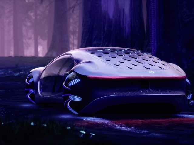 Неоновый автомобиль Mercedes-Benz VISION AVTR 2020 года в лесу