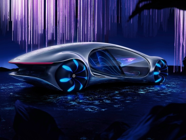 Футуристический автомобиль Mercedes-Benz VISION AVTR 2020 года на неоновом фоне