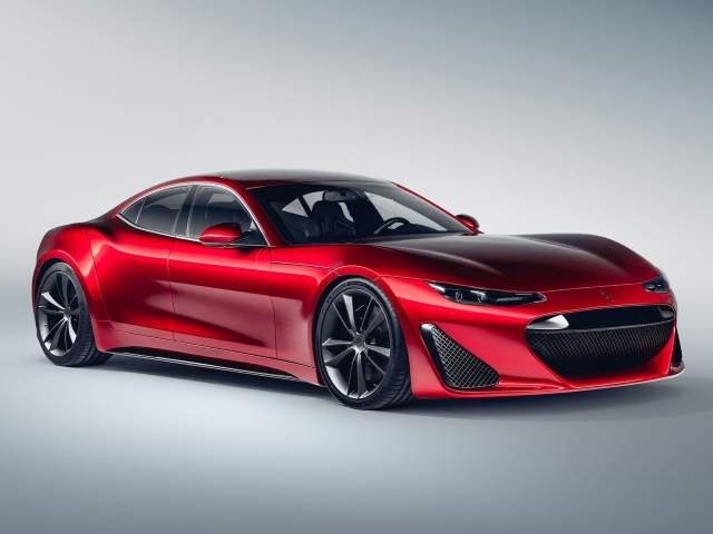 Красный автомобиль Drako GTE, 2020 года на сером фоне