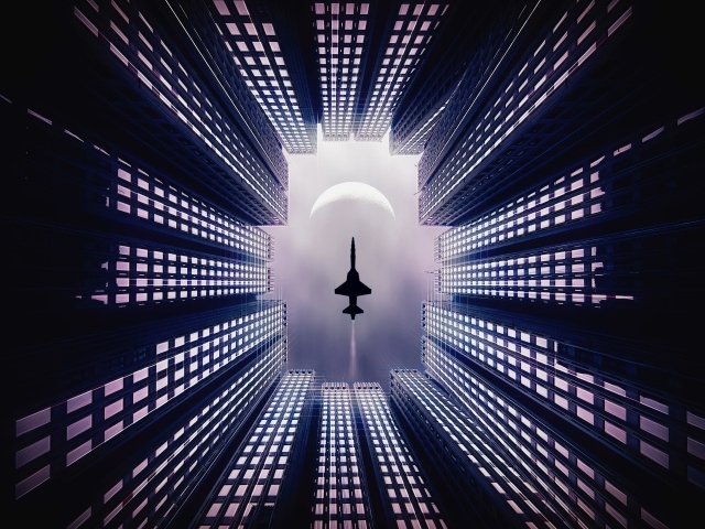 Самолет летит над небоскребами 