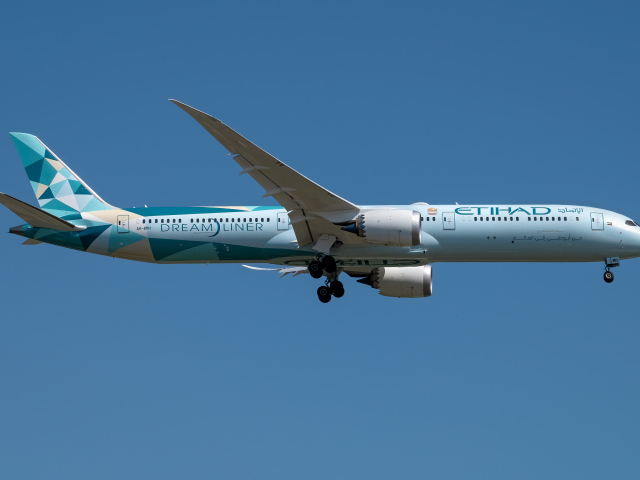Пассажирский самолет авиакомпании  Dreamliner убирает шасси в небе 