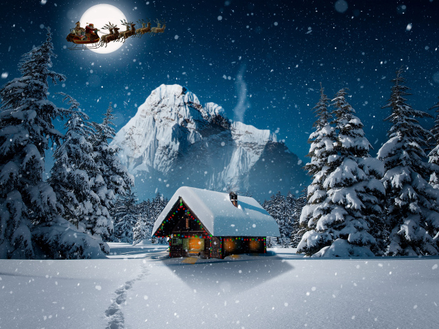 Санта Клаус пролетает над заснеженным домом на Рождество